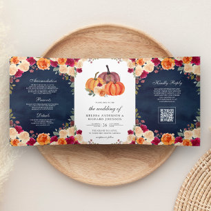 Burnt Orange Pumpkin Navy Blue QR Code Wedding Tri-Fold Invitation