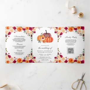 Burnt Orange Pumpkin QR Code Wedding Tri-Fold Invitation