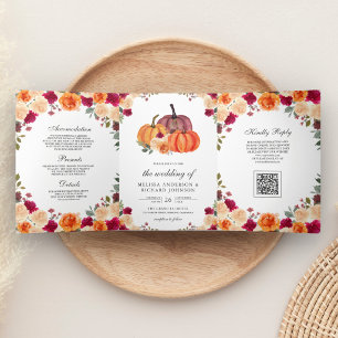 Burnt Orange Pumpkin QR Code Wedding Tri-Fold Invitation