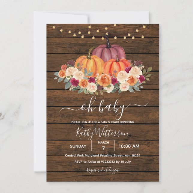 Burnt Orange Pumpkin Rustic Wood Baby Shower Invitation (Front)
