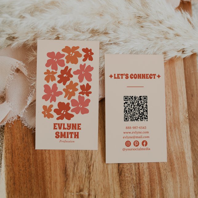 Burnt Orange QR Code Groovy Floral Terracotta Boho Business Card (Creator Uploaded)