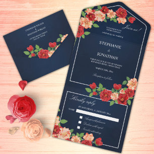 Burnt Orange Red Rose Floral Navy Blue Watercolor All In One Invitation