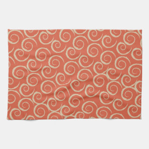 Burnt Orange Retro Swirl Pattern Tea Towel