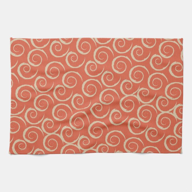 Burnt Orange Retro Swirl Pattern Tea Towel (Horizontal)