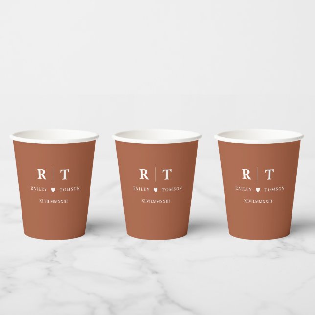Burnt Orange Roman Numerals Monogram Wedding Paper Cups (Multi)
