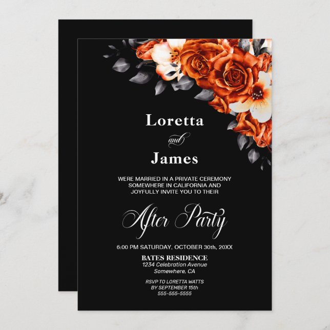 Burnt Orange Rose Floral Black Wedding Reception Invitation (Front/Back)