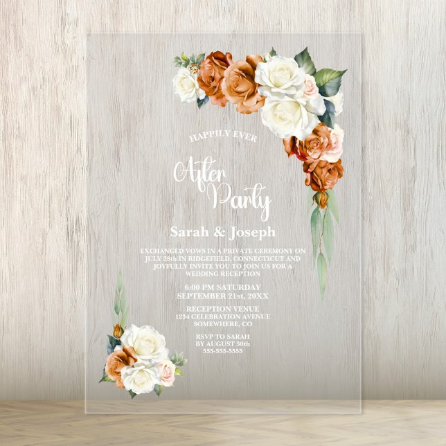 Burnt Orange Rose Floral Wedding After Party Acrylic Invitations (Creator Uploaded)