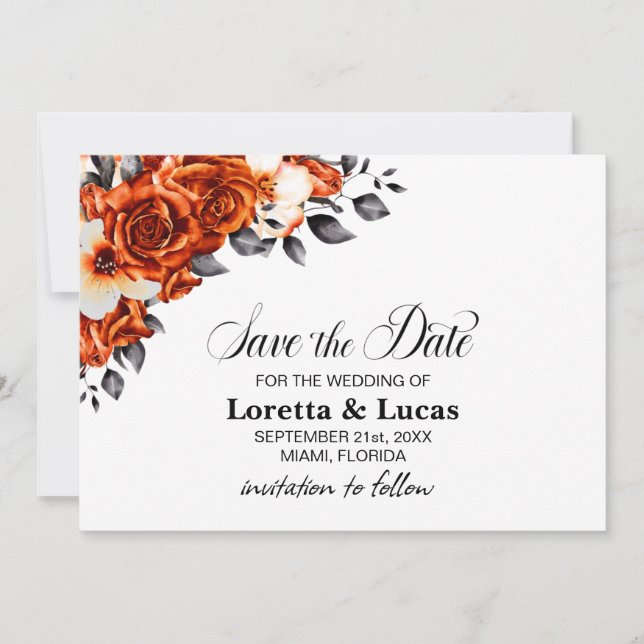 Burnt Orange Rose Floral Wedding Save the Date (Front)