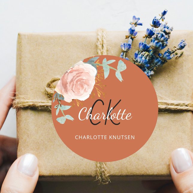 Burnt orange rose gold floral sage green thank you classic round sticker (Creator Uploaded)