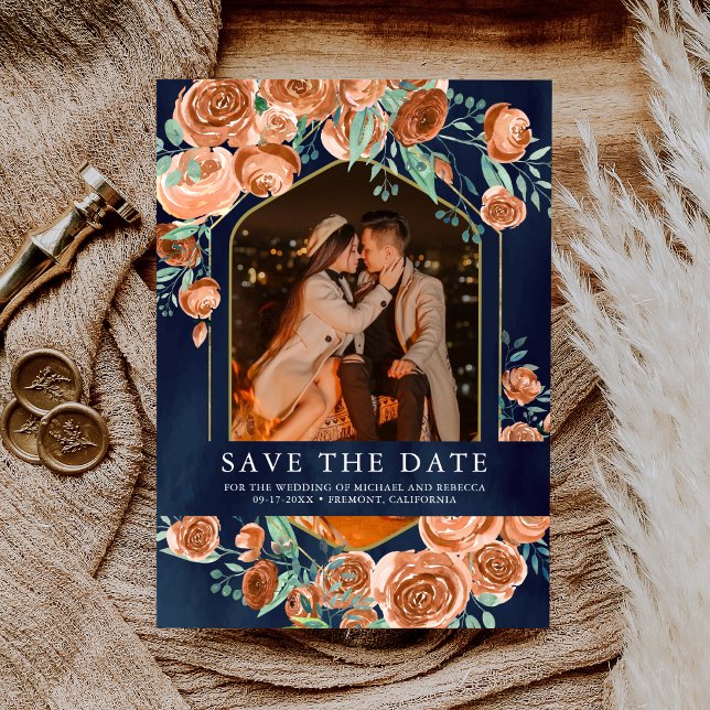 Burnt Orange Rose Terracotta Floral Navy Wedding Save The Date (Creator Uploaded)