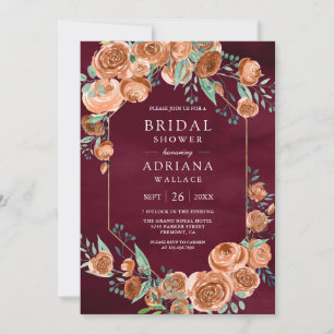 Burnt Orange Roses Floral Burgundy Bridal Shower Invitation