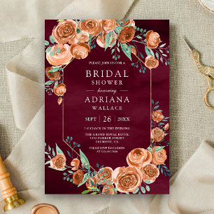 Burnt Orange Roses Floral Burgundy Bridal Shower Invitation