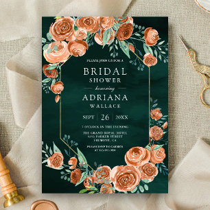 Burnt Orange Roses Floral Emerald Bridal Shower Invitation