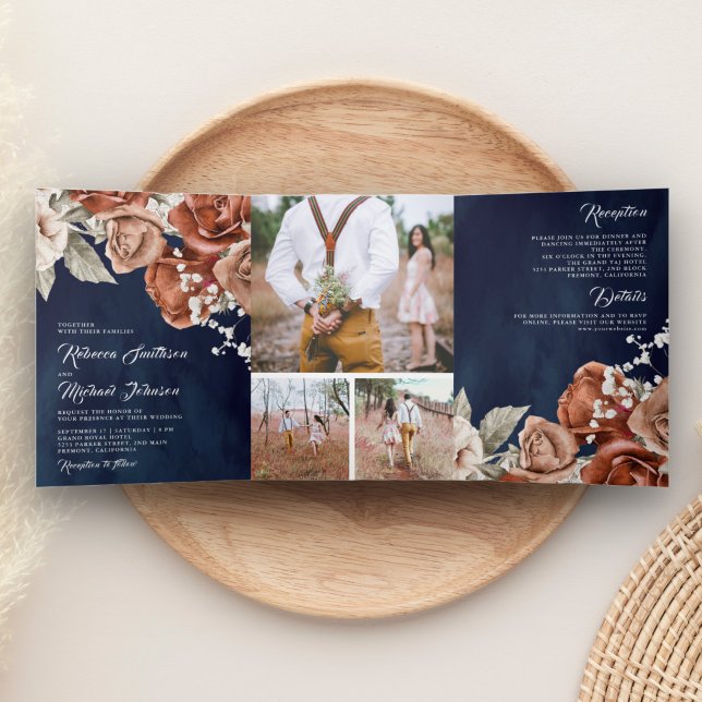 Burnt Orange Roses Photo Collage Navy Blue Wedding Tri-Fold Invitation (Creator Uploaded)