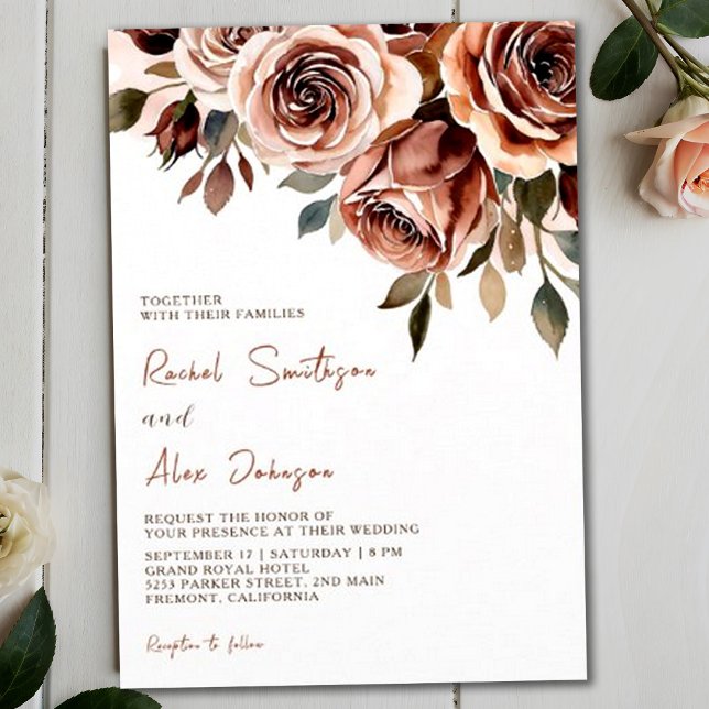 Burnt Orange Roses Rustic Watercolor Wedding Invitation (Creator Uploaded)