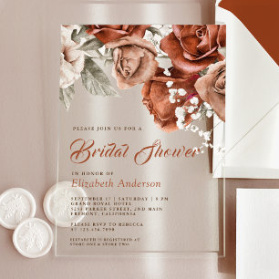 Burnt Orange Roses Terracotta Floral Bridal Shower Acrylic Invitations