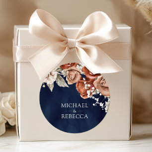 Burnt Orange Roses Terracotta Floral Navy Wedding Classic Round Sticker