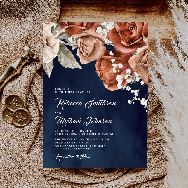 Burnt Orange Roses Terracotta Floral Navy Wedding Invitation (Creator Uploaded)