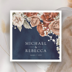 Burnt Orange Roses Terracotta Floral Navy Wedding Napkin