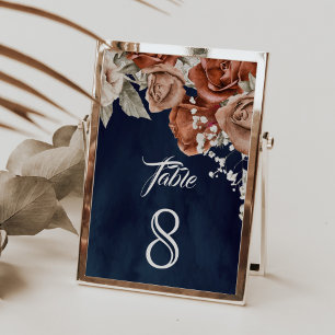 Burnt Orange Roses Terracotta Floral Navy Wedding Table Number