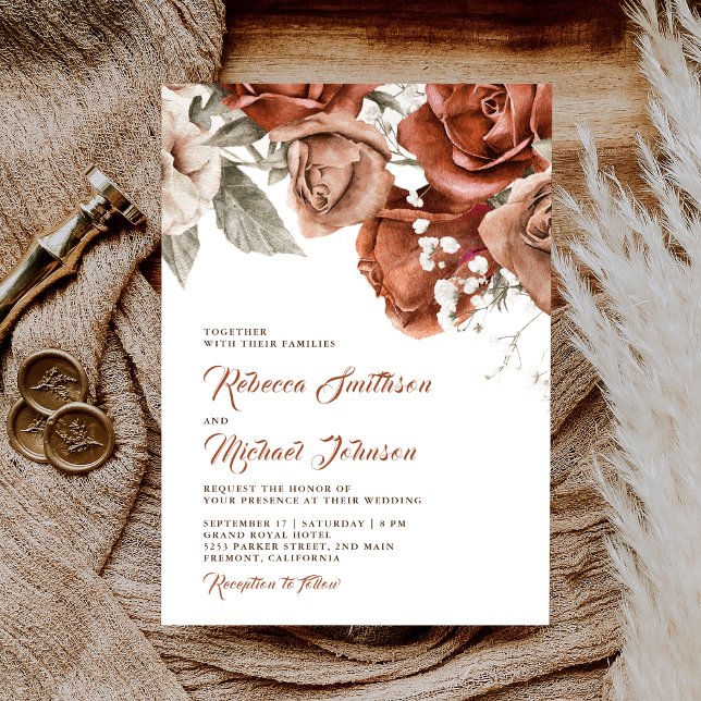 Burnt Orange Roses Terracotta Floral Wedding Invit Invitation (Creator Uploaded)