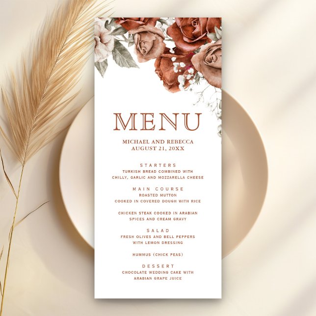 Burnt Orange Roses Terracotta Floral Wedding Menu (Creator Uploaded)