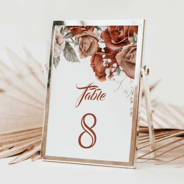 Burnt Orange Roses Terracotta Floral Wedding Table Number (Creator Uploaded)