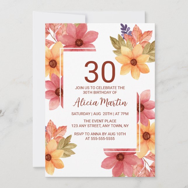 Burnt Orange Russet Autumn Flower Any Age Birthday Invitation (Front)