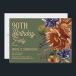 Burnt Orange Rust Blue Floral Green 90th Birthday Invitation<br><div class="desc">Elegant and stylish 9 0th birthday party invitation for women with burnt orange/rust and navy blue watercolor flowers and greenery on an olive green background.  Contact me for assistance with customisation or to request matching or coordinating Zazzle products.</div>