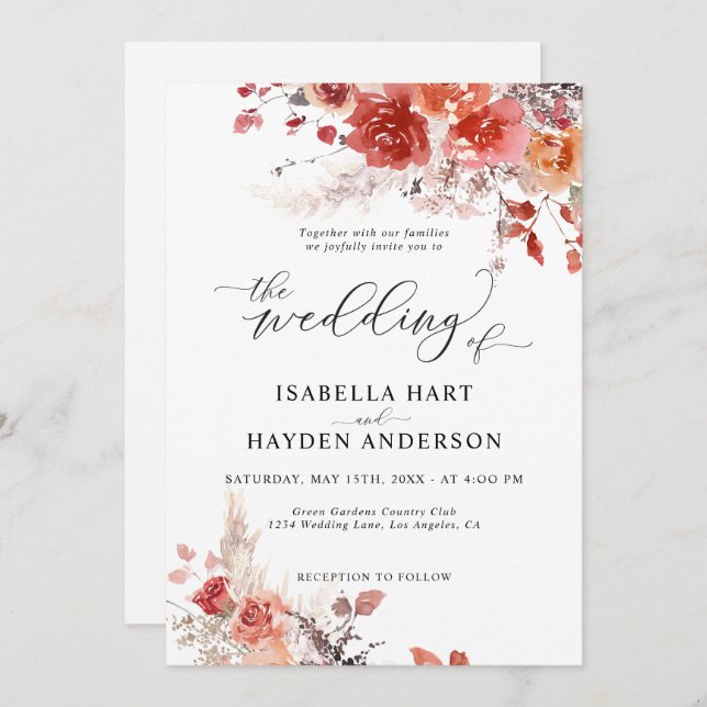 Burnt Orange Rust Boho Terracotta Floral Wedding Invitation (Front/Back)