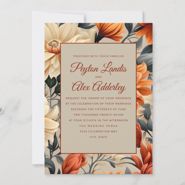 Burnt Orange Rust  Cream Autumn Floral Wedding Invitation (Front)