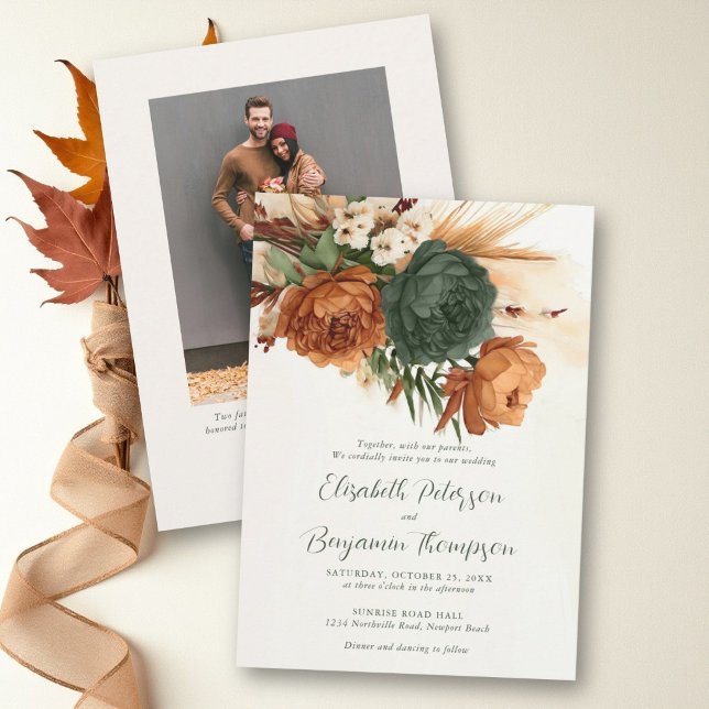Burnt Orange Rust Green Boho Pampas Fall Wedding Invitation (fall wedding invitation burnt orange dark green boho dry floral elegant romantic photo quote)