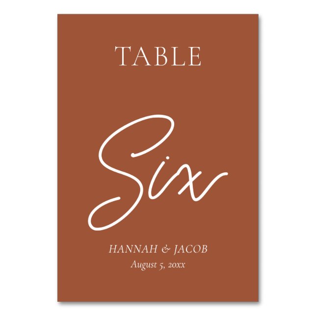 Burnt Orange Rust Wedding Six Table Number (Front)