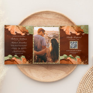 Burnt Orange Sage Abstract Ink QR Code Wedding Tri-Fold Invitation