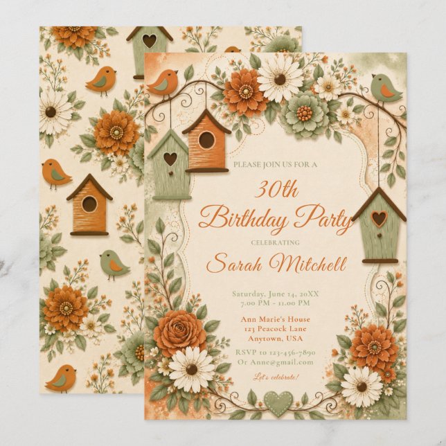 Burnt Orange Sage Green Fall Birthday Party Invitation (Front/Back)