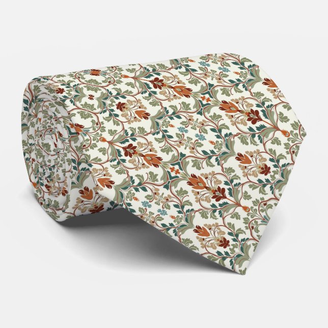 Burnt Orange, Sage & Teal Floral Art Deco Pattern Tie (Rolled)