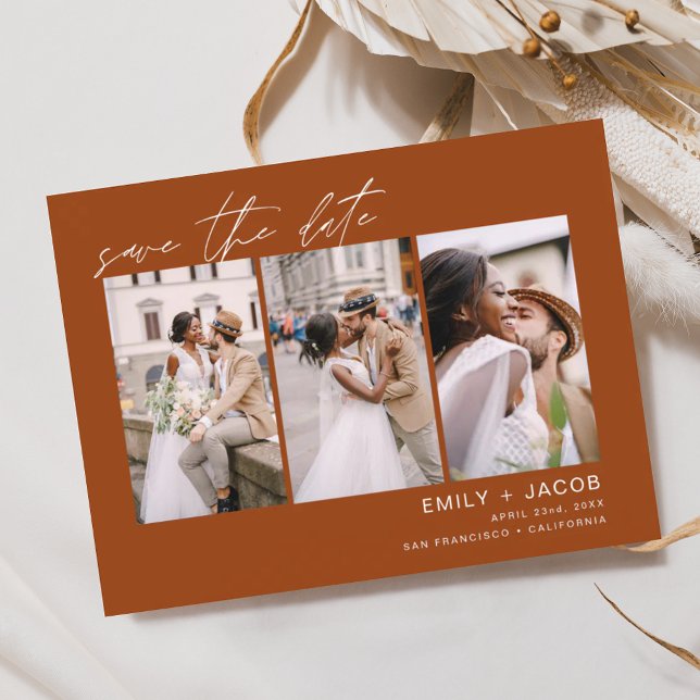 Burnt Orange Save the Date 3 Photo Postcard (Creator Uploaded)