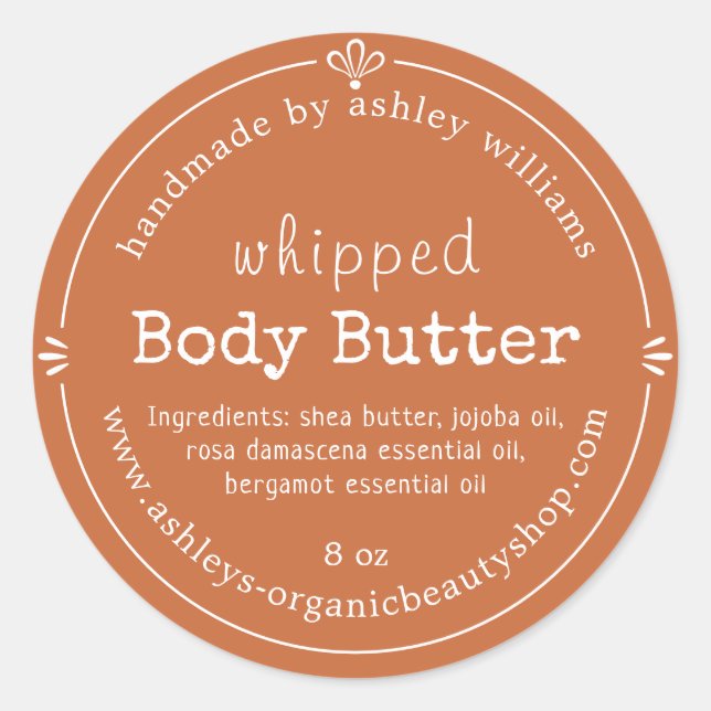 Burnt Orange Script Handmade Body Butter Label (Front)