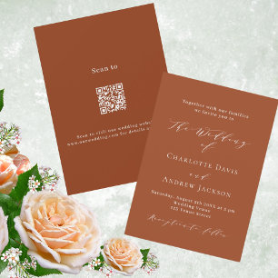 Burnt orange script QR code RSVP luxury wedding Invitation
