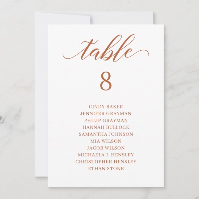 Burnt Orange Script Table Number Seating Chart (Front)