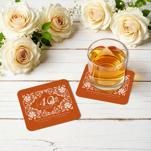 Burnt Orange Shabby Chic 40 Anniversary Coaster (Creator Uploaded)