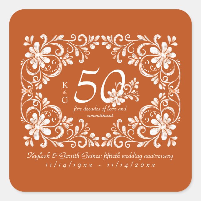 Burnt Orange Shabby Chic 50th Anniversary Sticker (Front)