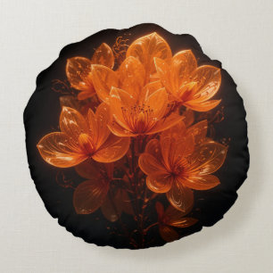 Burnt orange shiny flowers on black background round cushion