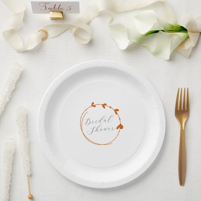 Burnt Orange Simple Heart Wreath Bridal Shower Paper Plate (Wedding)