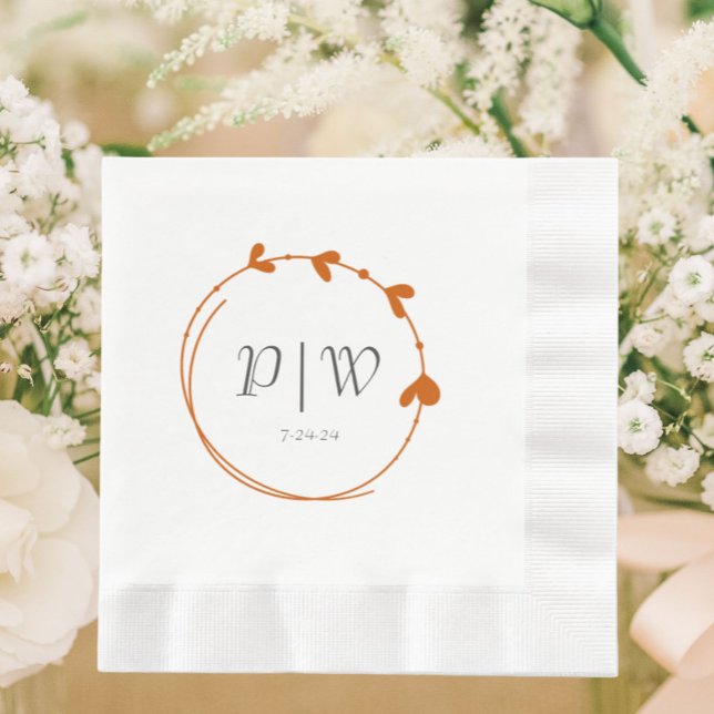 Burnt Orange Simple Heart Wreath Monogram Wedding Napkin (In Situ Wedding)