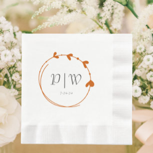 Burnt Orange Simple Monogram Heart Wreath Wedding Napkin