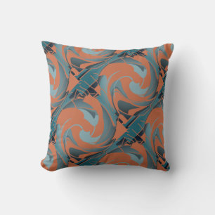 Burnt Orange Slate Seafoam Diagonal Twirls Motif Cushion