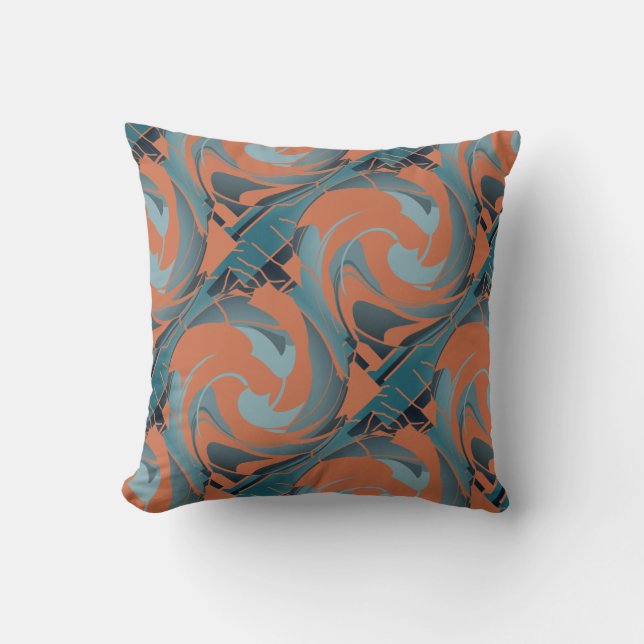 Burnt Orange Slate Seafoam Diagonal Twirls Motif Cushion (Front)