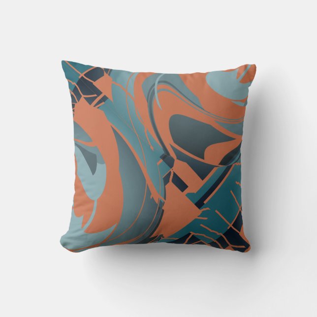 Burnt Orange Slate Seafoam Flowing Floral Motif Cushion (Front)