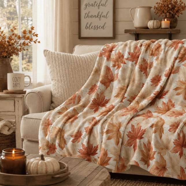 Burnt Orange Soft Beige Maple Leaf Fall Farmhouse Fleece Blanket (Creator Uploaded)